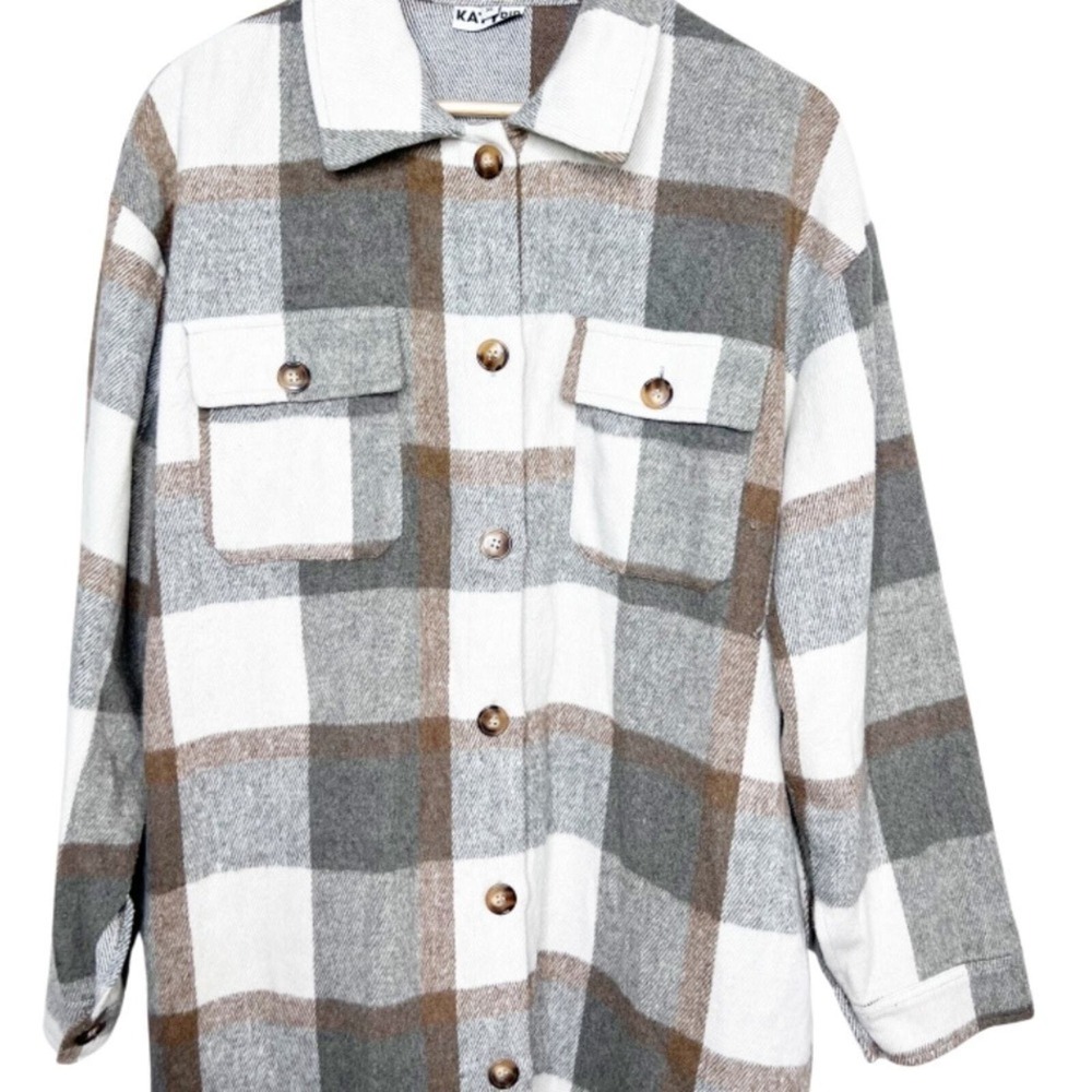 KatyDID Womens Plaid Shacket Long‎ Sleeve Button Down Oversized Shirt Jacket - Picture 4 of 16